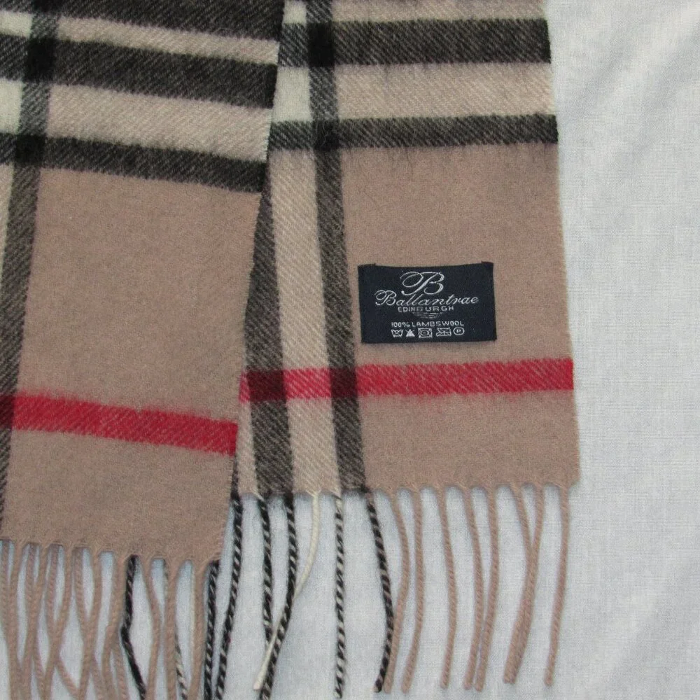 Ballantrae Edinburgh 100% Lambswool Scarf Nova Check Tan Black Red Plaid